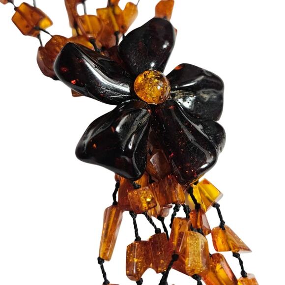 Baltic Amber Flower Statement Necklace Huge Bead Four Strand Tassel Cognac Brown - Picture 1 of 7